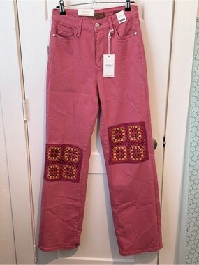 Judy Blue High Rise Dusty Pink Crochet Patch Wide Leg Jeans NWT